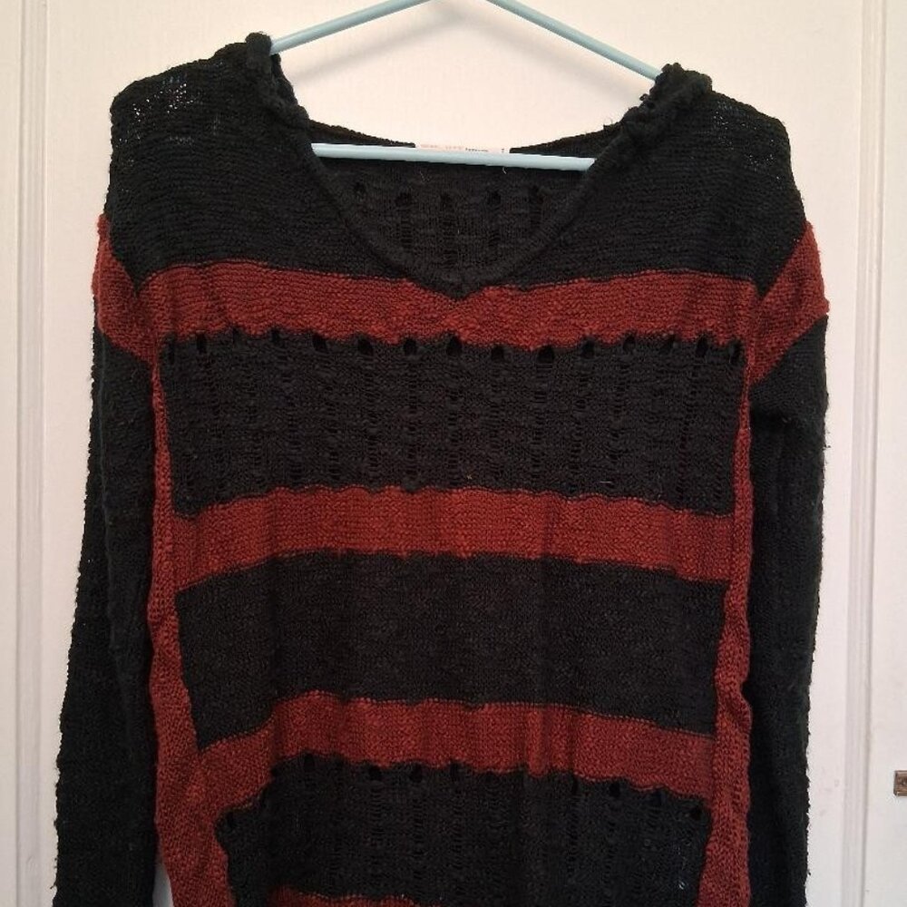 Women's Black and Burgundy Stripped Knit Sweater W/Hood